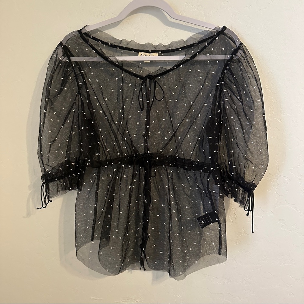 For Love And Lemons Black Sheer Polka Dot Tie Front Blouse Size S NWT